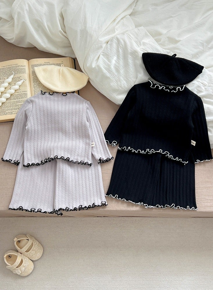 Baby Home Clothing Set, Female Baby Striped Cute Lace Long Sleeve Baby Two Piece Set