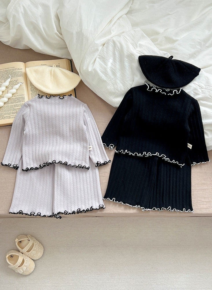 Baby Home Clothing Set, Female Baby Striped Cute Lace Long Sleeve Baby Two Piece Set