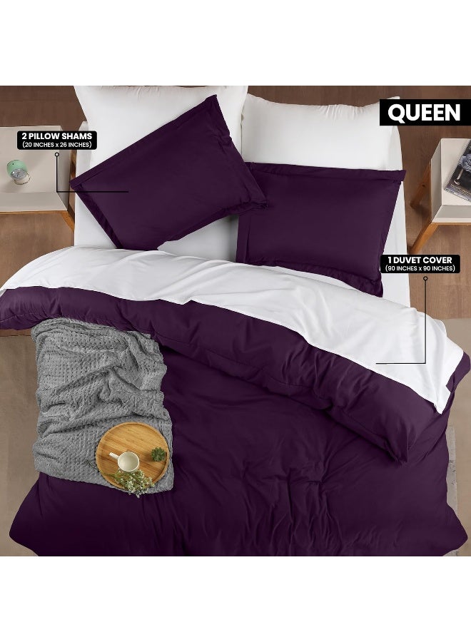 Duvet Cover Queen Size Set - 1 Duvet Cover With 2 Pillow Shams - 3 Pieces Comforter Cover With Zipper Closure - Ultra Soft Brushed Microfiber, 90 X 90 Inches (Queen, Purple)