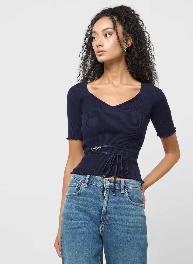 Logo Belted Rib Knit Top