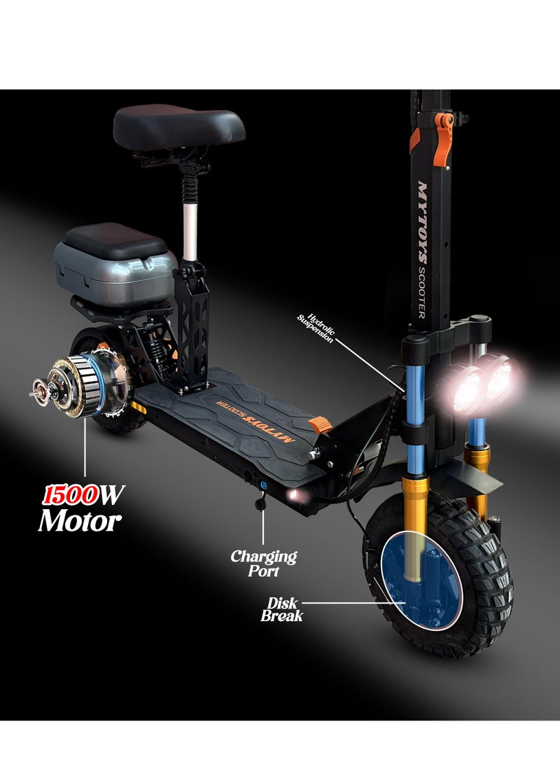 Mytoys MT590 High Speed Electric Scooter 65 km/h Speed,1500W Brushless Motor, High Capacity Battery 20Ah,60km Range With Adjustable Leather Seat Super Hydrolic Suspension, Back Cushion Storage Box