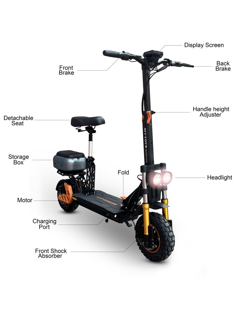 Mytoys MT590 High Speed Electric Scooter 65 km/h Speed,1500W Brushless Motor, High Capacity Battery 20Ah,60km Range With Adjustable Leather Seat Super Hydrolic Suspension, Back Cushion Storage Box