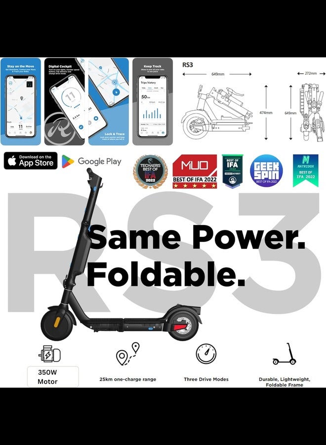 Folding Electric Scooter | 350W, 15km/h Top Speed, 25km Range | Detachable Rechargeable Battery Pack | IPX4 Lightweight eScooter with App