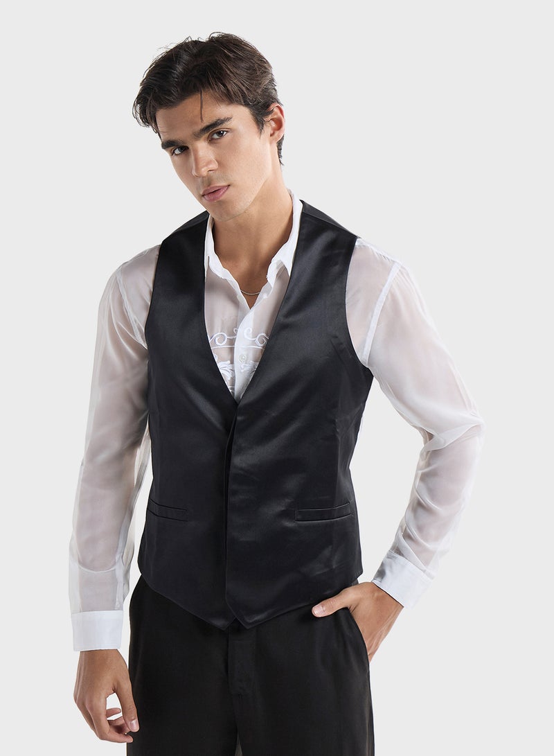 Solid Sleeveless Waistcoat with Concealed Button P