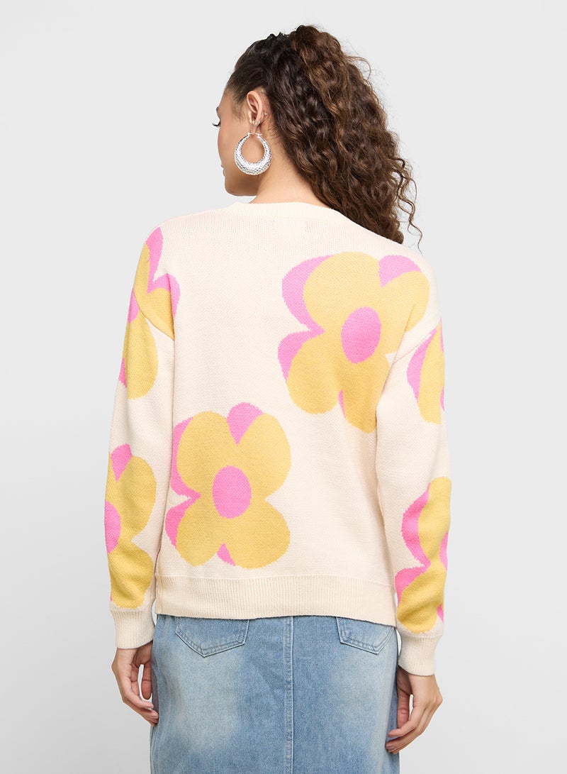 Floral Print Acrylic Sweater