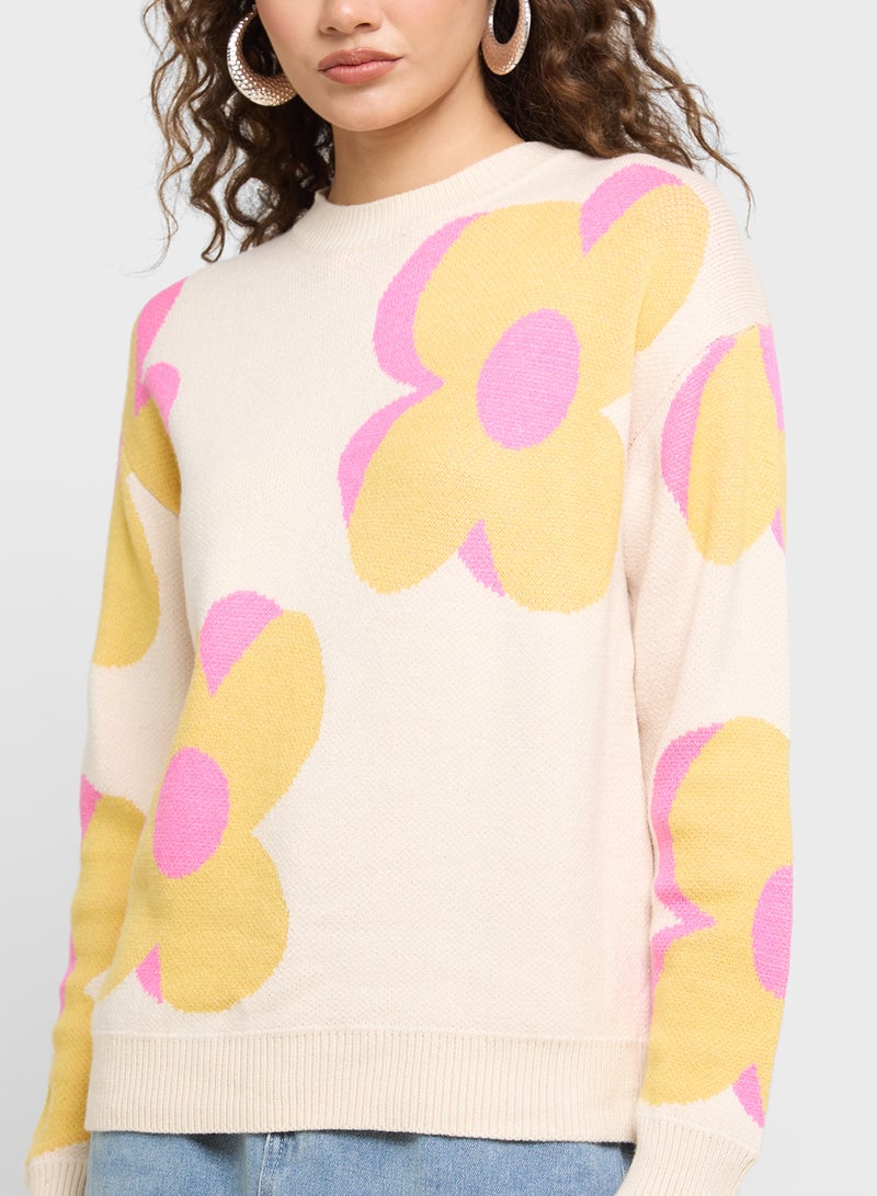 Floral Print Acrylic Sweater