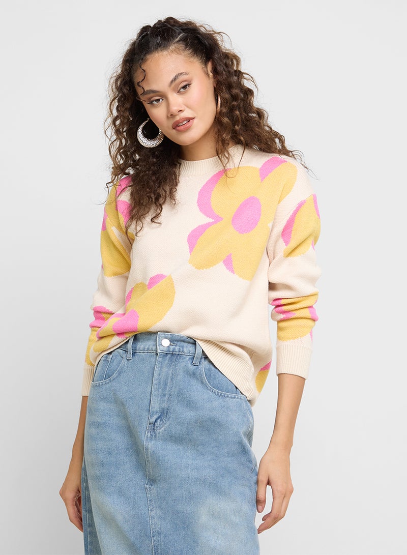 Floral Print Acrylic Sweater