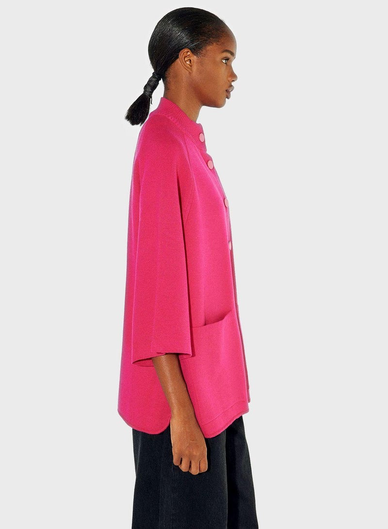 Buttoned Neck Pocket Detail Poncho