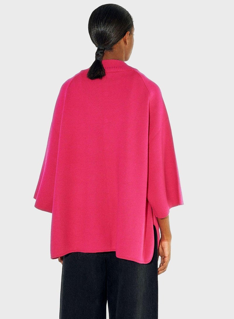 Buttoned Neck Pocket Detail Poncho