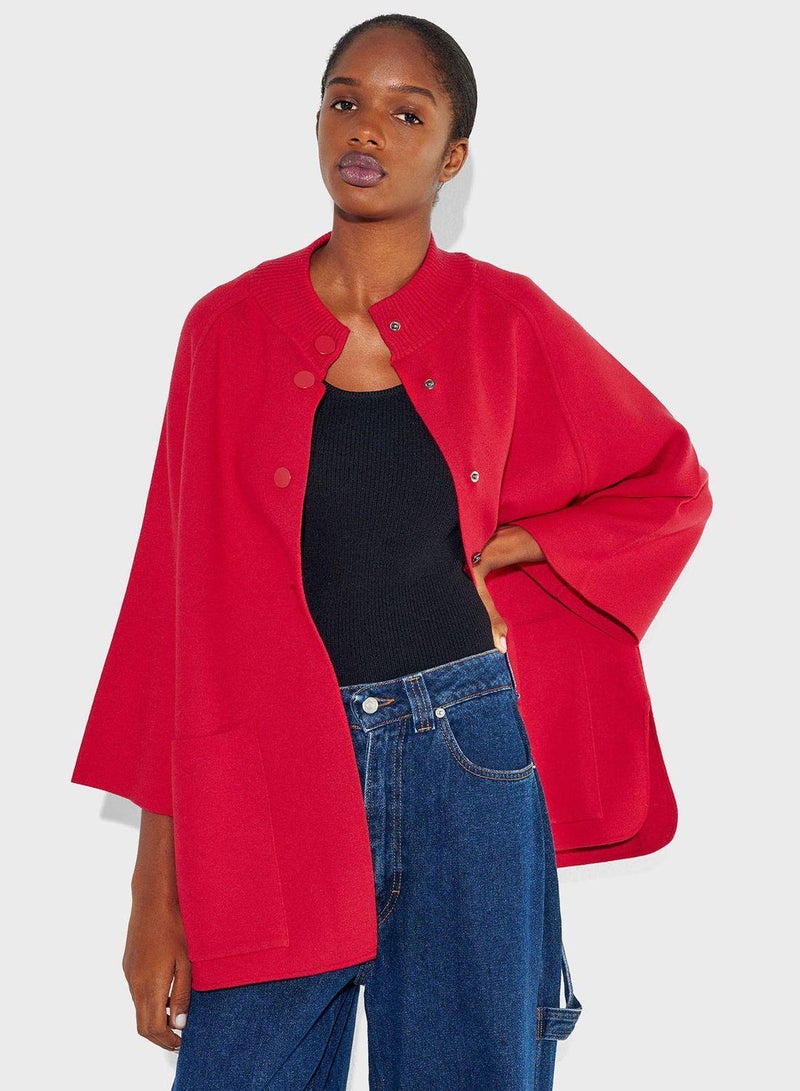 Buttoned Neck Pocket Detail Poncho