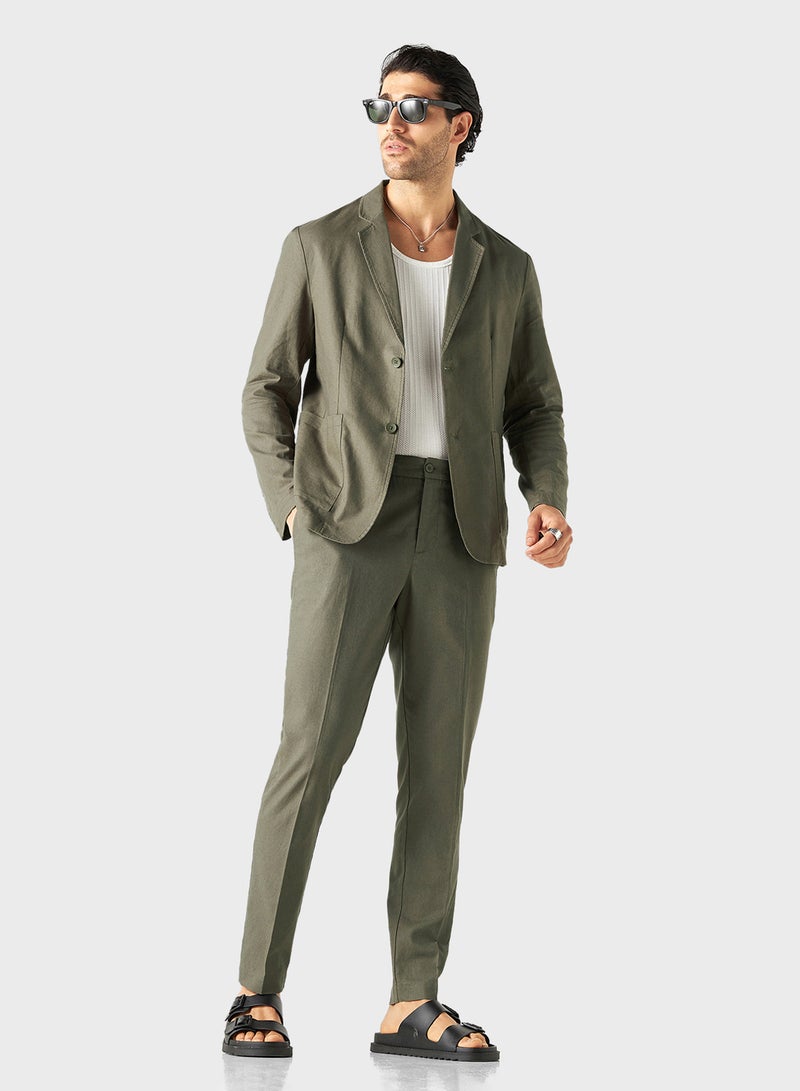 Iconic Solid Linen Blend Blazer with Long Sleeves