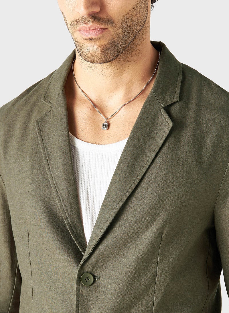 Iconic Solid Linen Blend Blazer with Long Sleeves