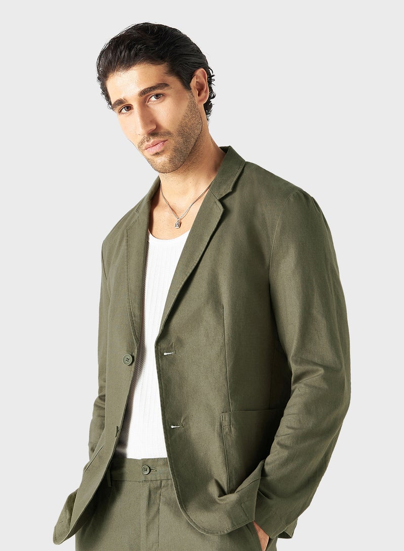 Iconic Solid Linen Blend Blazer with Long Sleeves