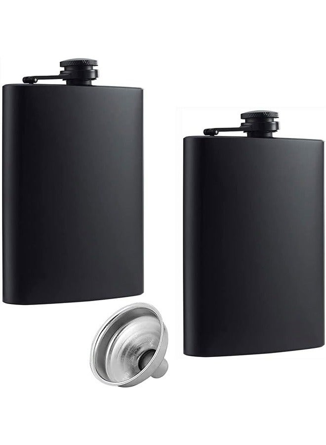 2 Pack Hip Flasks for Liquor, 230ml Stainless Steel Leakproof Thin Flasks with Funnel for Men & Women (Matte Black)