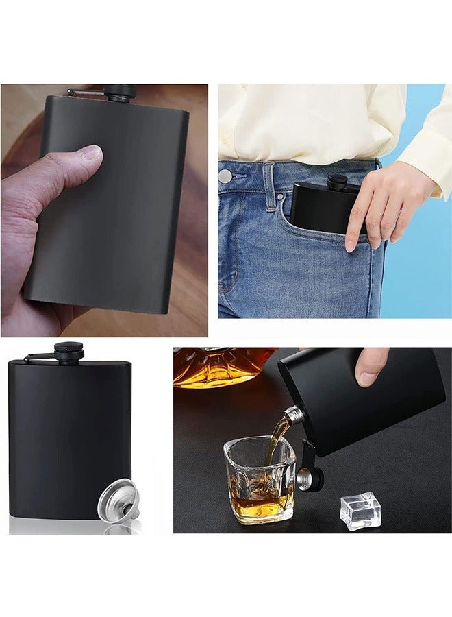 2 Pack Hip Flasks for Liquor, 230ml Stainless Steel Leakproof Thin Flasks with Funnel for Men & Women (Matte Black)