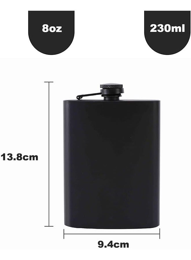 2 Pack Hip Flasks for Liquor, 230ml Stainless Steel Leakproof Thin Flasks with Funnel for Men & Women (Matte Black)