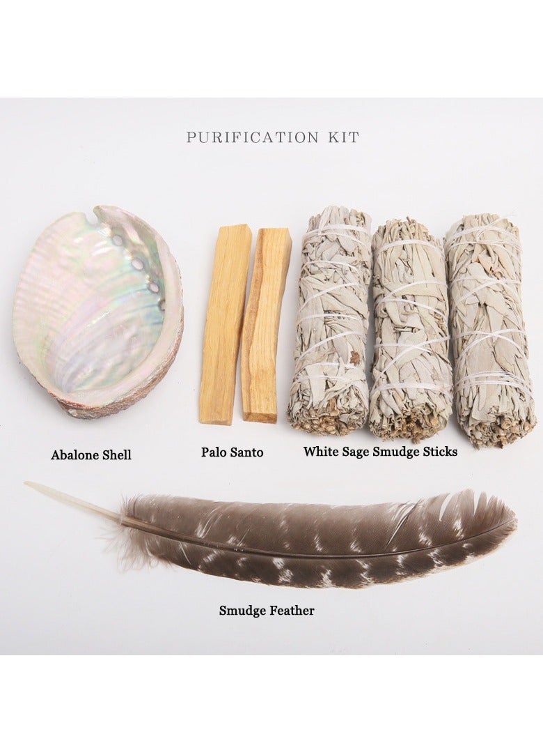 Home Cleansing And Smudging Kit With White Sage, Palo Santo, Abalone Smudge Feather And Guide - Smudge Kit With Sage Smudge Sticks Incense Gifts