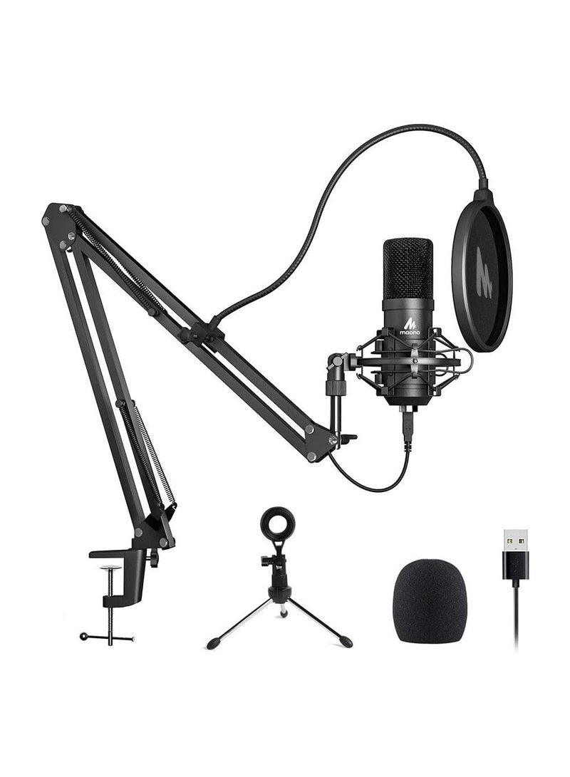 MAONO AU-PM421 USB Microphone Kit With One-Touch Mute And Mic Gain Knob, Professional Cardioid Condenser Podcast  - Black