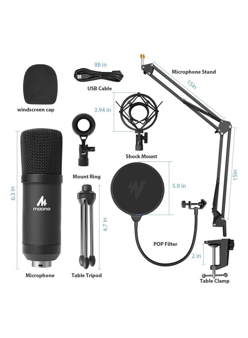 MAONO AU-PM421 USB Microphone Kit With One-Touch Mute And Mic Gain Knob, Professional Cardioid Condenser Podcast  - Black