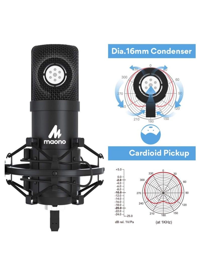 MAONO AU-PM421 USB Microphone Kit With One-Touch Mute And Mic Gain Knob, Professional Cardioid Condenser Podcast  - Black