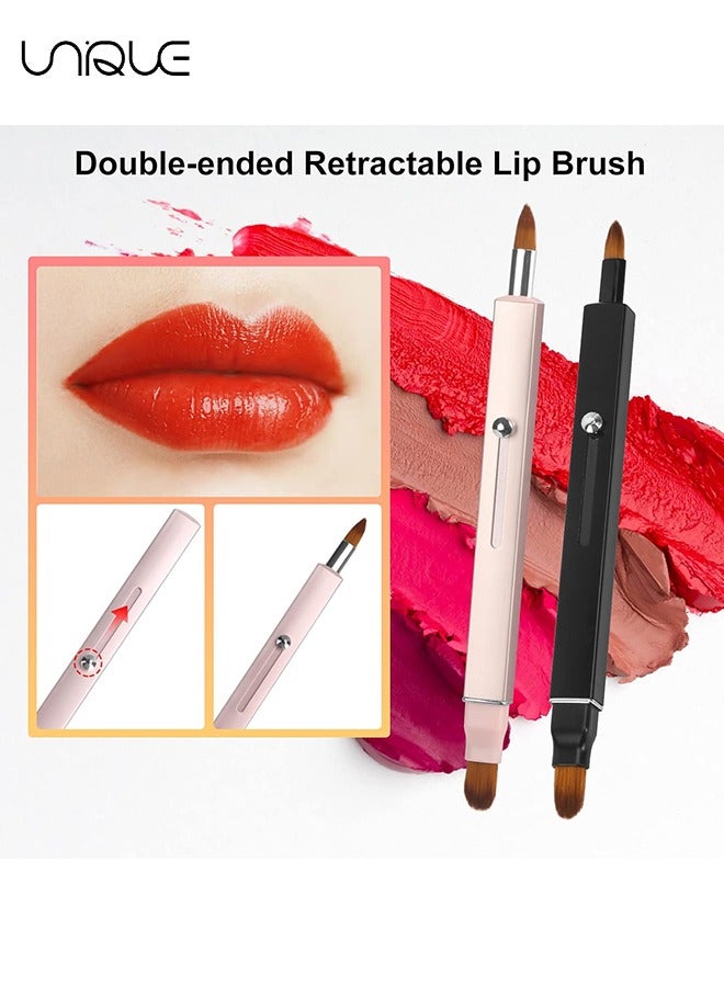 Retractable Lip Brush for Lipstick,2 Pieces Lip Brushes,Double-ended Lip Applicator with Cap,Portable Lip Liner Brush Lip Gloss Eyeshadow Smudge Concealer Brush (Pink+Black)