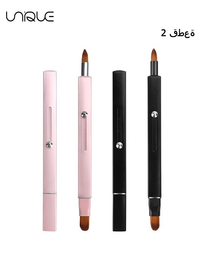 Retractable Lip Brush for Lipstick,2 Pieces Lip Brushes,Double-ended Lip Applicator with Cap,Portable Lip Liner Brush Lip Gloss Eyeshadow Smudge Concealer Brush (Pink+Black)