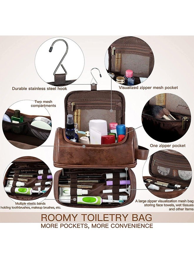 Travel Toiletry Bag, Mens Leather Travel Organizer Kit with hanging hook, Large Water-resistant Toiletries Bathroom Shaving Bags for Women