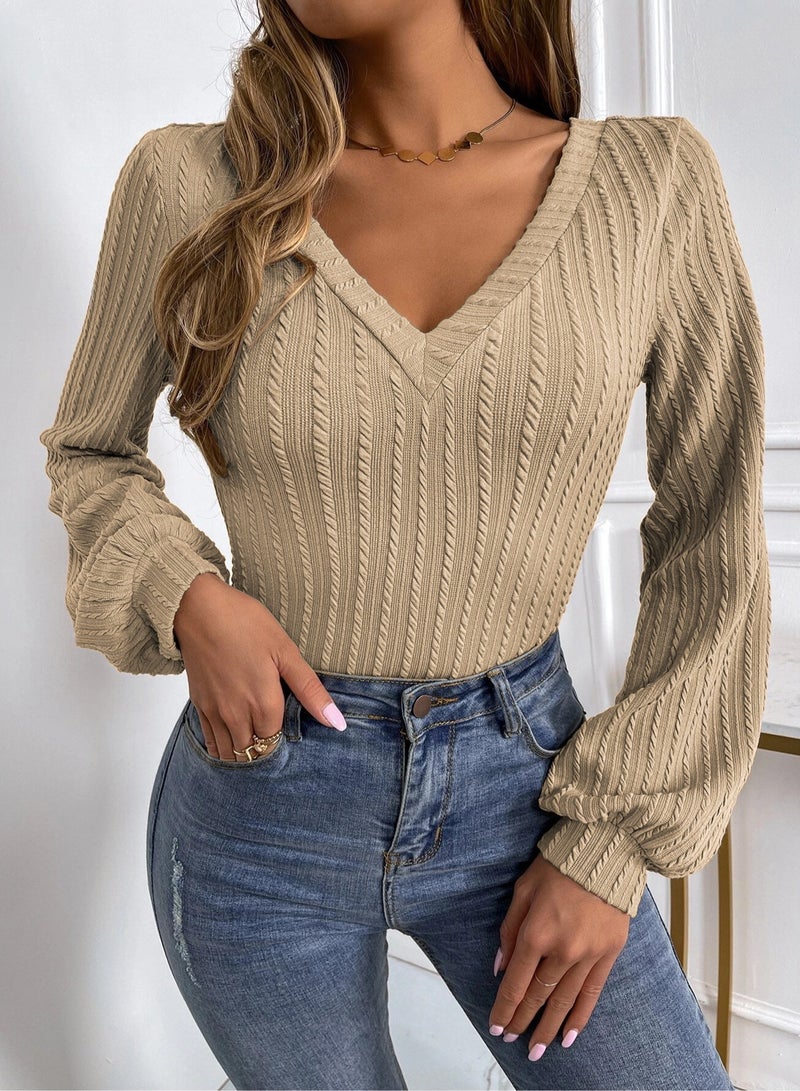 V-neck puffed sleeve knitted long-sleeved top