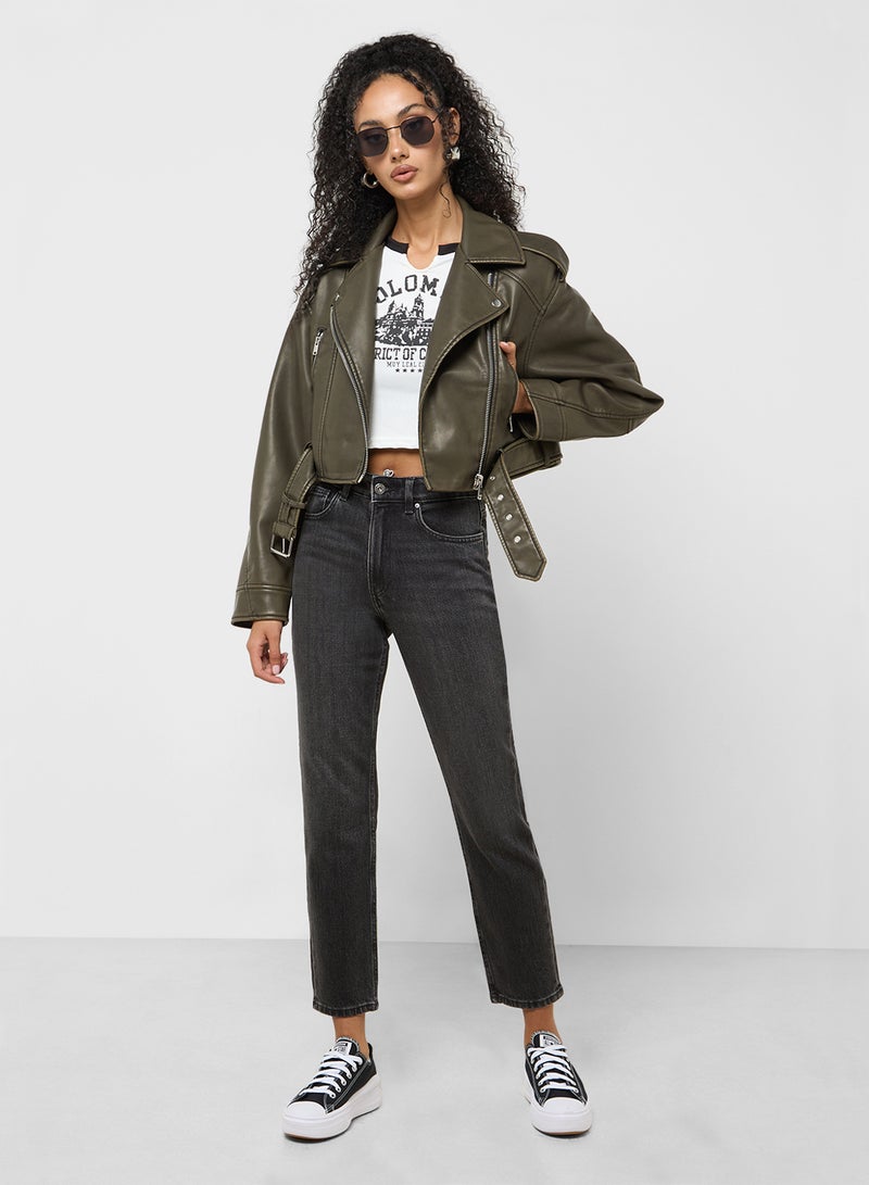 Front Pocket Asymmetrical Zip Biker Jacket