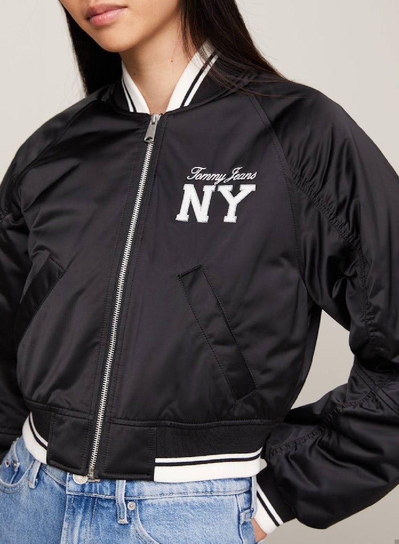 Women's Varsity Satin Padded Bomber Jacket -  Satin, Black