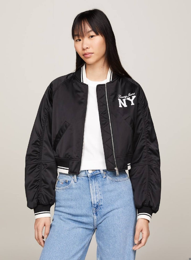 Women's Varsity Satin Padded Bomber Jacket -  Satin, Black