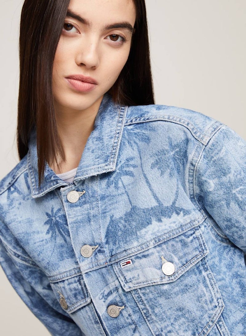 Women's Cropped Hawaiian Denim Trucker Jacket -  Recycled rigid denim, Blue