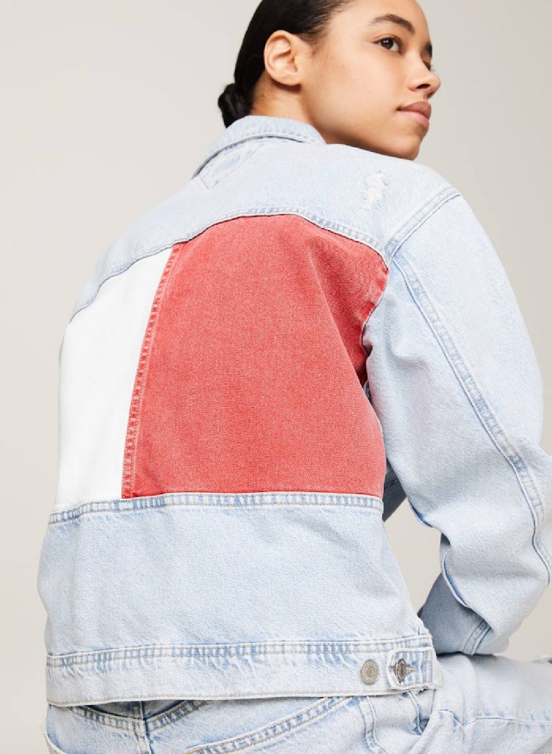 Women's Archive Colour-Blocked Back Denim Jacket -  Rigid denim, Light Blue