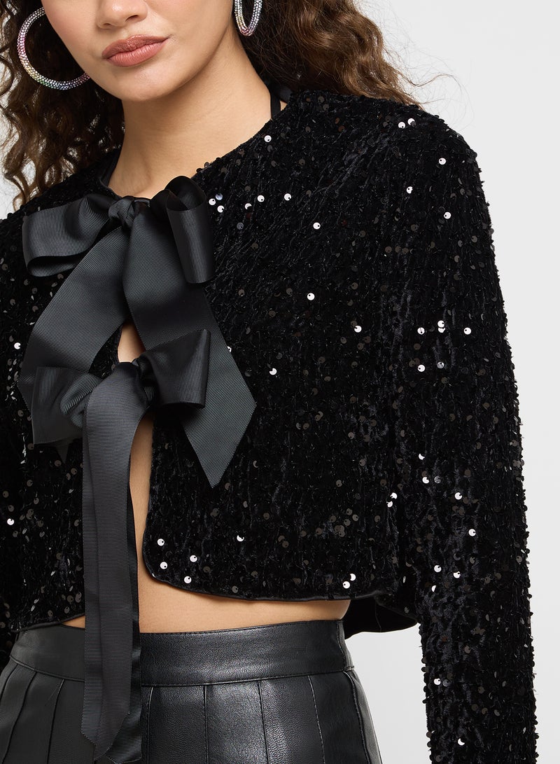 Bow Tie Up Sequin Jacket