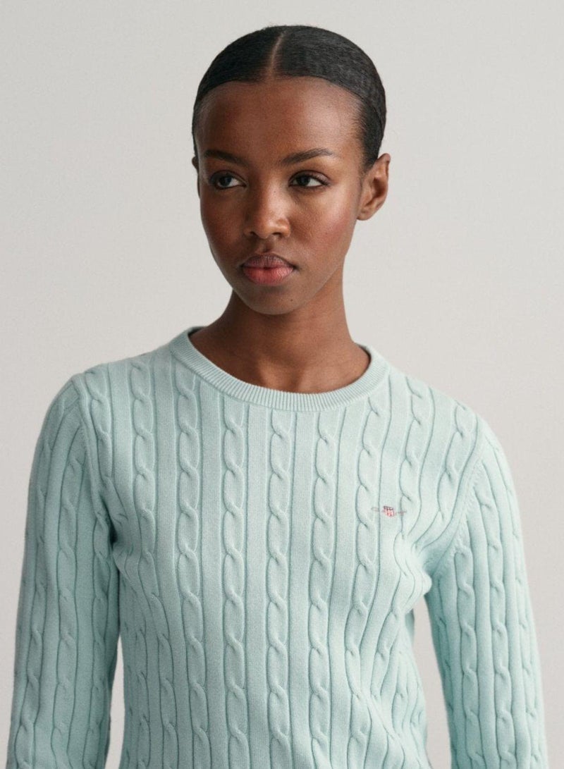 Stretch Cotton Cable Knit Crew Neck Sweater