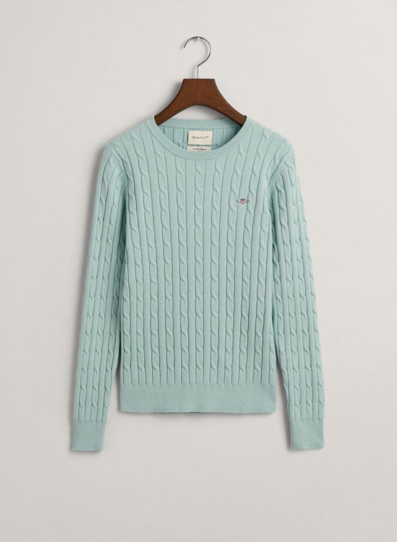 Stretch Cotton Cable Knit Crew Neck Sweater