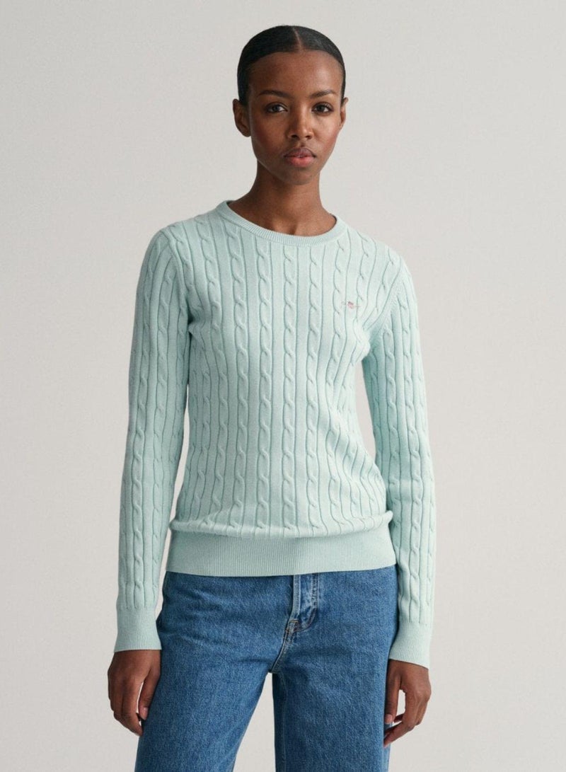 Stretch Cotton Cable Knit Crew Neck Sweater