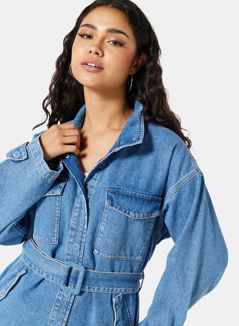 Belted Oversized Denim Jacket Blue