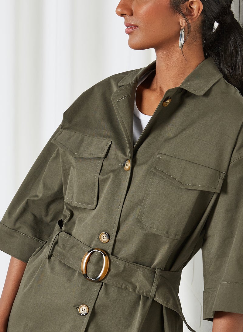 Two Front Pockets Adjustable Waist Jacket Khaki