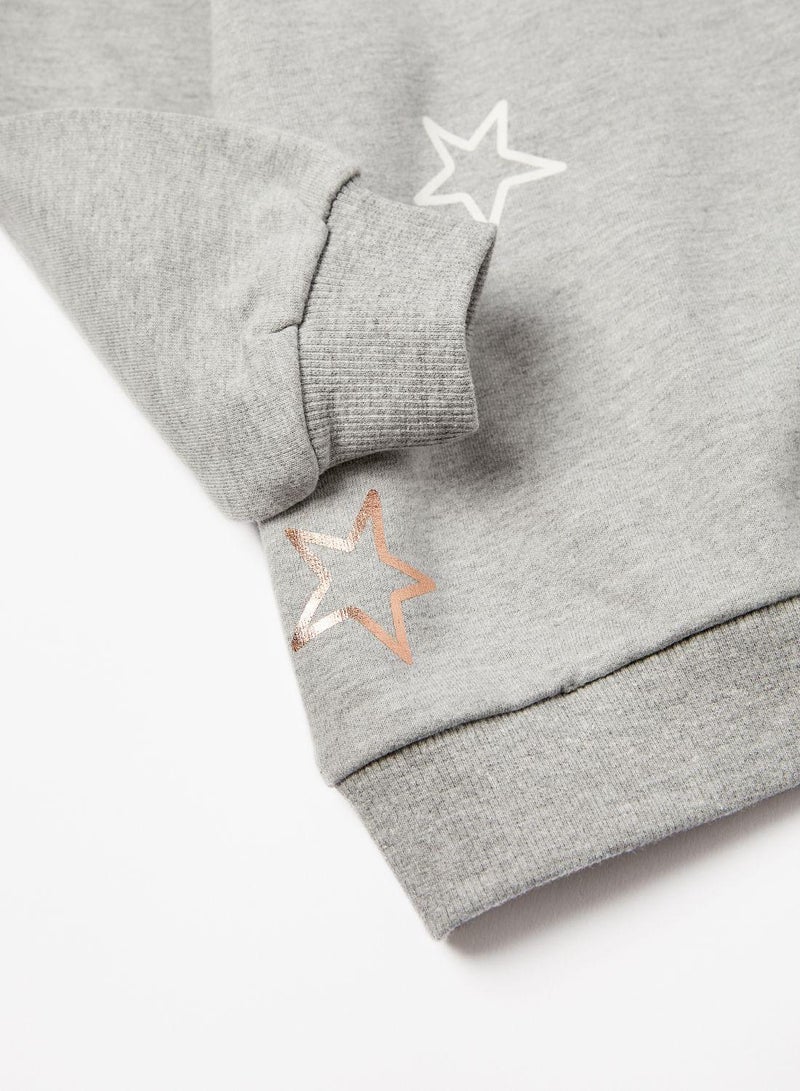 Cotton Sweatshirt with Star Motif 'Believe', Grey