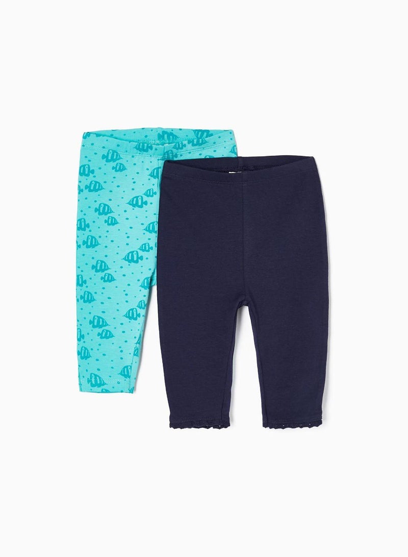 2 Pack Leggings for Baby Girls 'Fishs', Aqua Green/Dark Blue