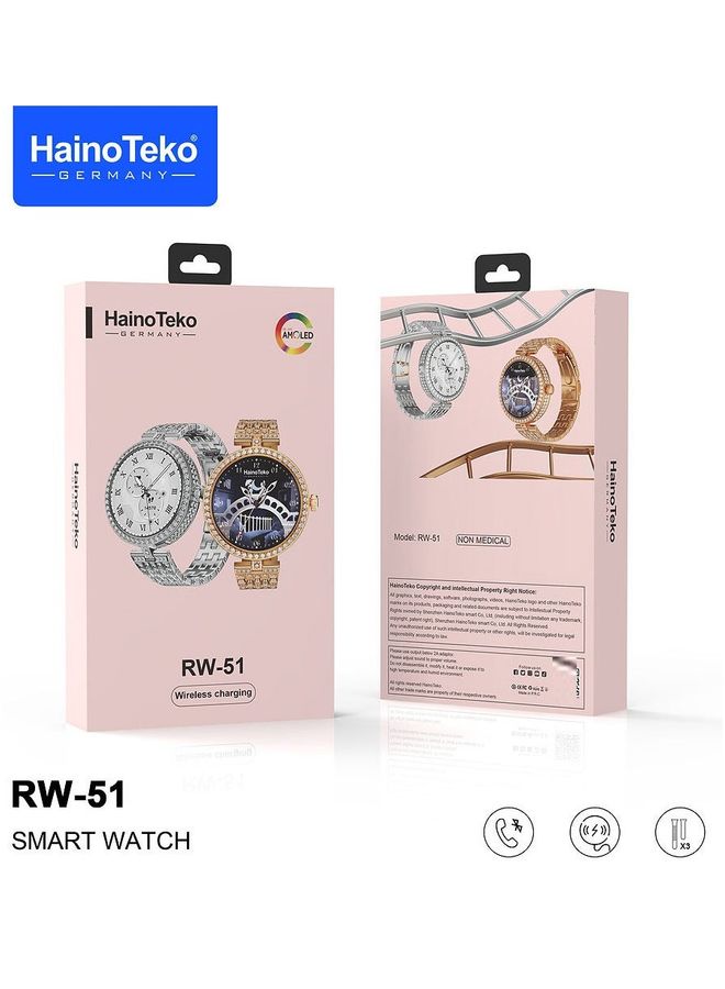 Haino Teko Germany RW51 Ladies Smart Watch With Round Shape AMOLED Display and Wireless Charger Gold