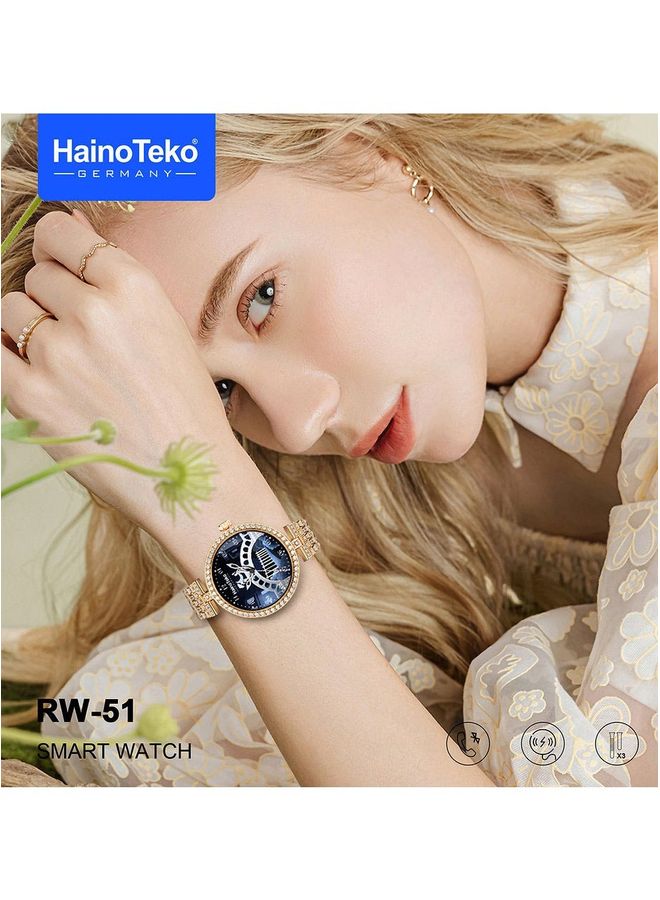 Haino Teko Germany RW51 Ladies Smart Watch With Round Shape AMOLED Display and Wireless Charger Gold