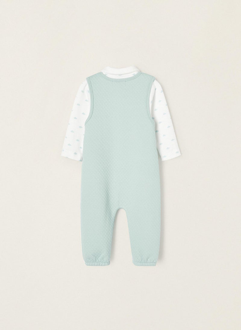 Jumpsuit + Bodysuit in Cotton for Newborn Babies 'Cloud', Aqua Green/White