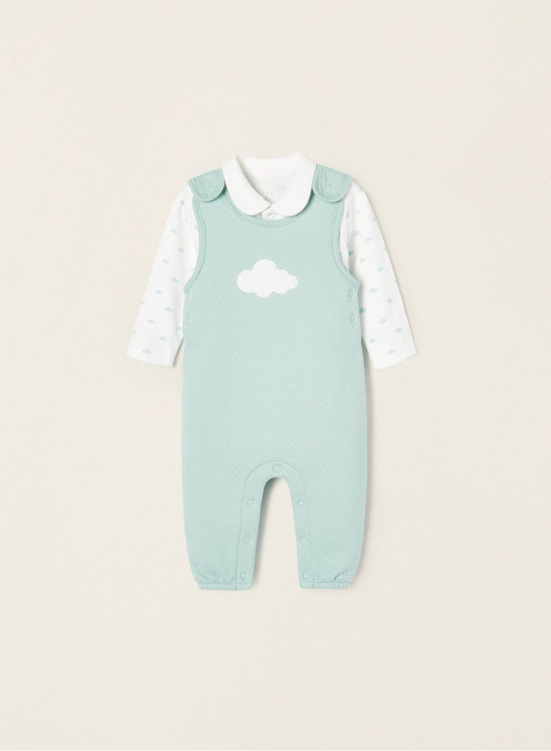 Jumpsuit + Bodysuit in Cotton for Newborn Babies 'Cloud', Aqua Green/White