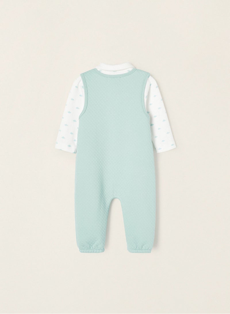 Jumpsuit + Bodysuit in Cotton for Newborn Babies 'Cloud', Aqua Green/White