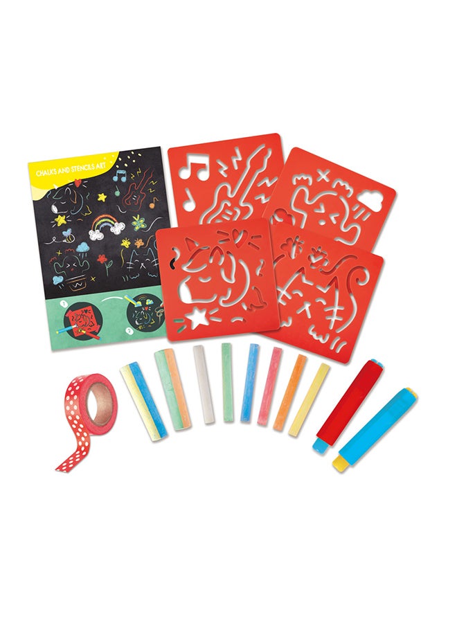 Chalks and Stencils Art - Colored Chalk Set and Art Activities for Kids with Jumbo and Thin Chalk, Chalk Holders, Paper Tape, Large Stencils, and Poster - Perfect Easel Companion Art Kit for Ages 3+