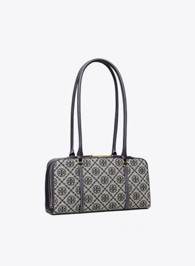 Tory Burch T Monogram Logo Classic Old Flower Double Zipper Closure Leather Trim Square Bag Tote Shoulder Bag