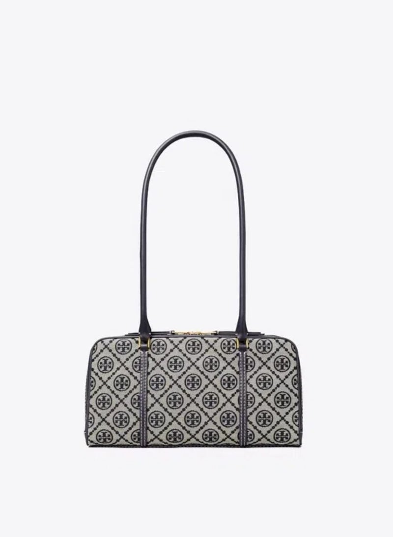 Tory Burch T Monogram Logo Classic Old Flower Double Zipper Closure Leather Trim Square Bag Tote Shoulder Bag