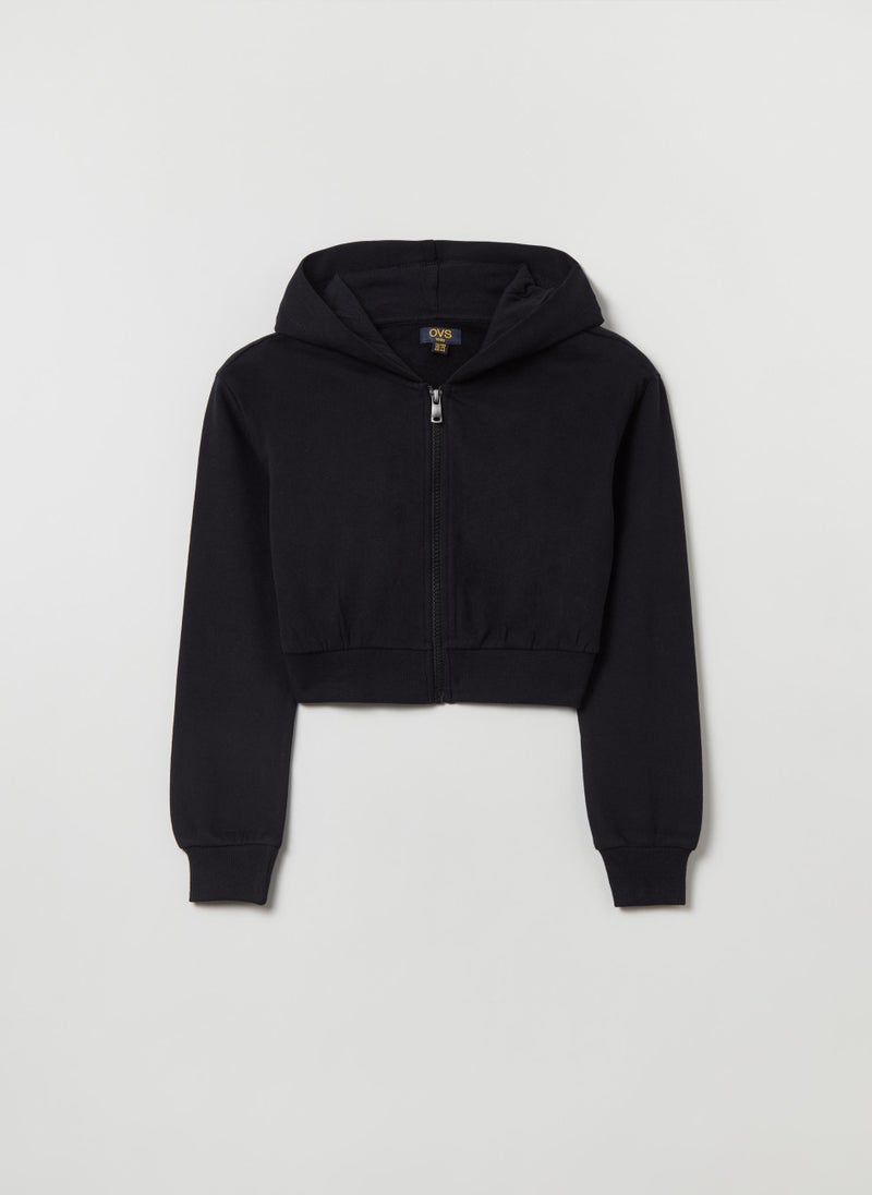 Cotton cropped full-zip jumper with hood
